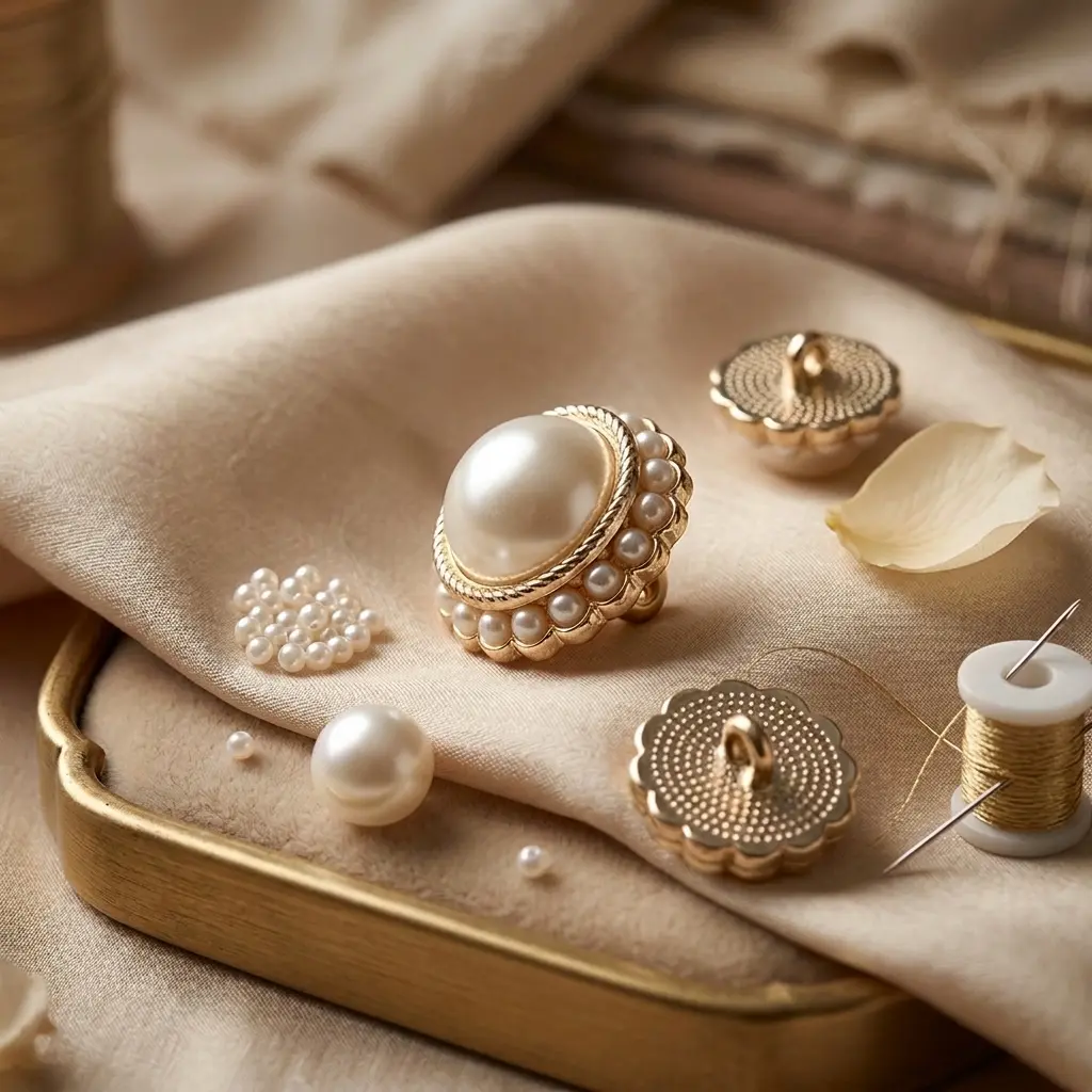 Decorative Round Pearl Metal Button With Small Pearls on the Edges