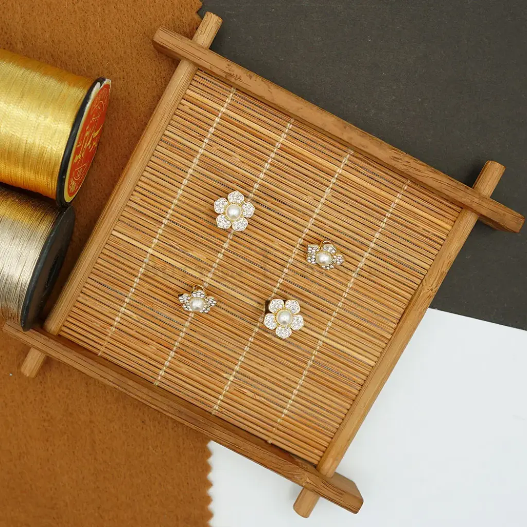 Gold Base Flower Shape Pearl Rhinestones Button