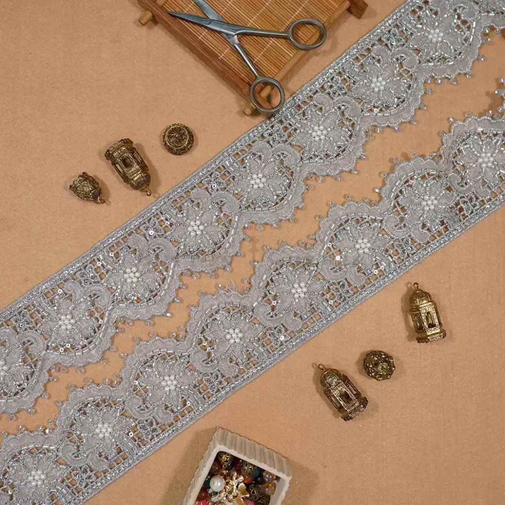 Fancy Metallic Yarn Glass Beads Lace