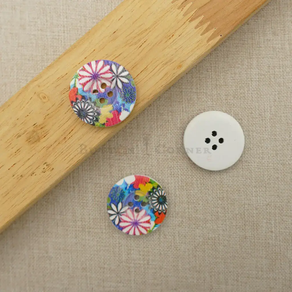 Wild Flower Print 4 Hole Wooden Button