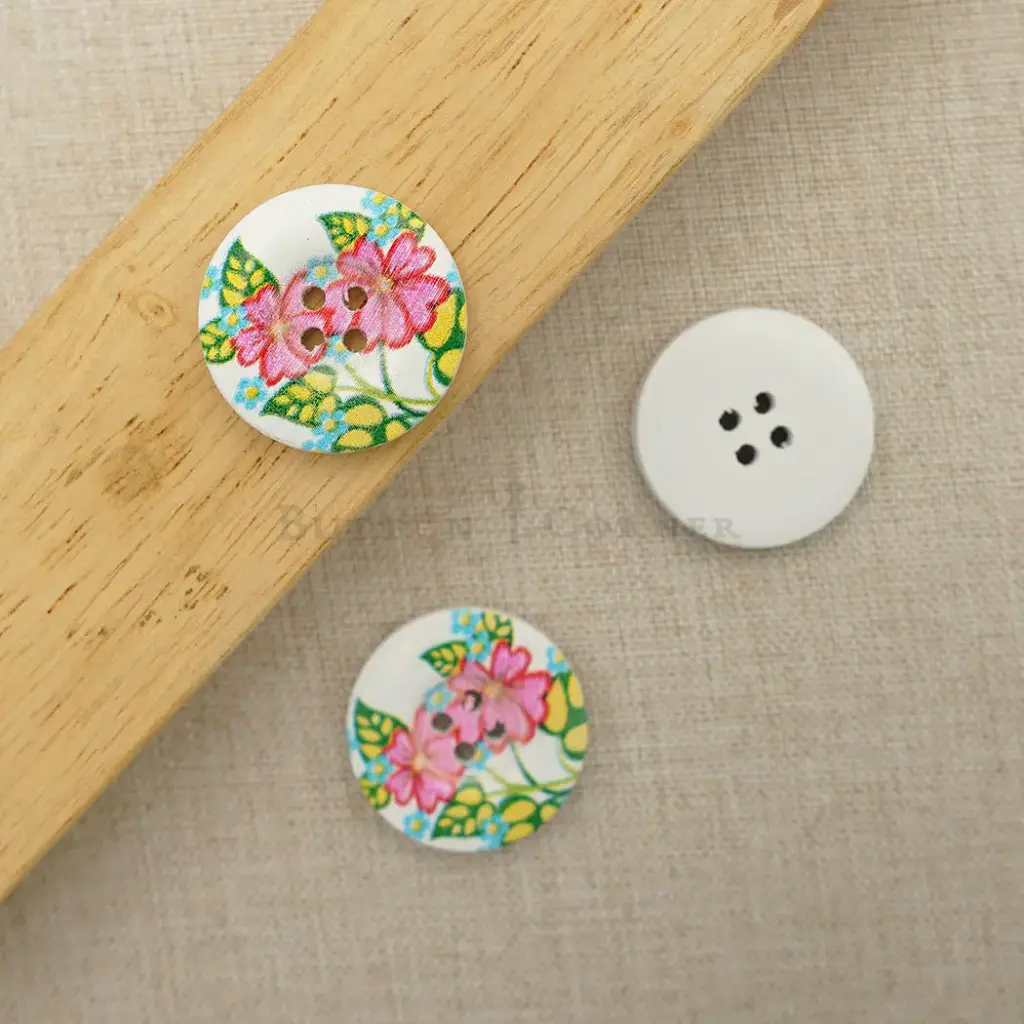 Floral Flower Print 4 Hole Wooden Button 