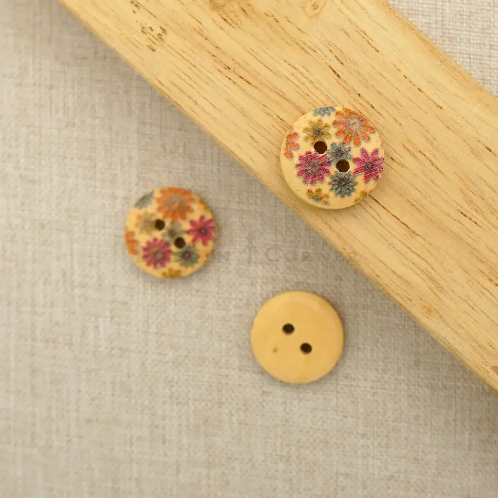 Vintage Floral Print 2 Hole Wooden Button