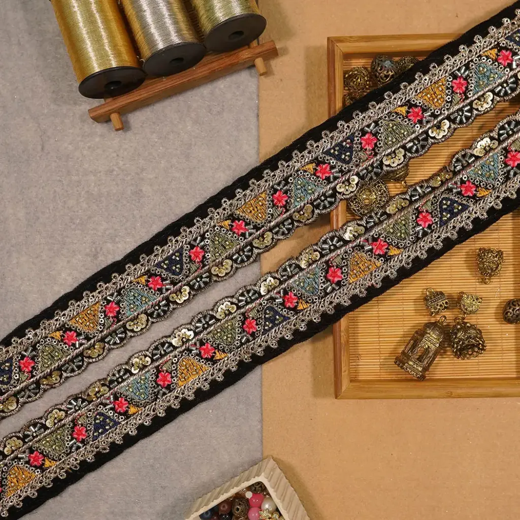 Glass Beads Sequence Lace In Velvet Fabric