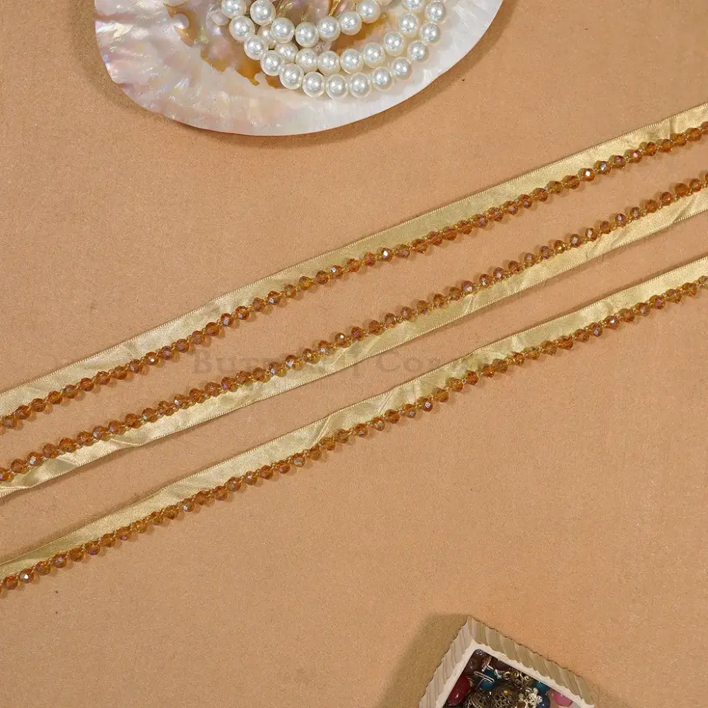 Gold Ribbon Glass Beads, Crystals, Hanging Lace