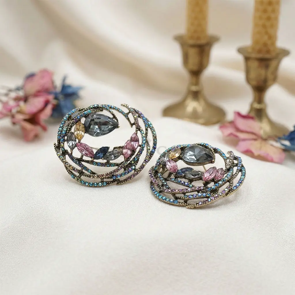 Round Pave Style Brooch With Multicoloured Rhinestones