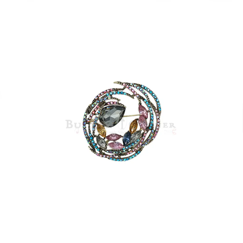 Round Pave Style Brooch With Multicoloured Rhinestones