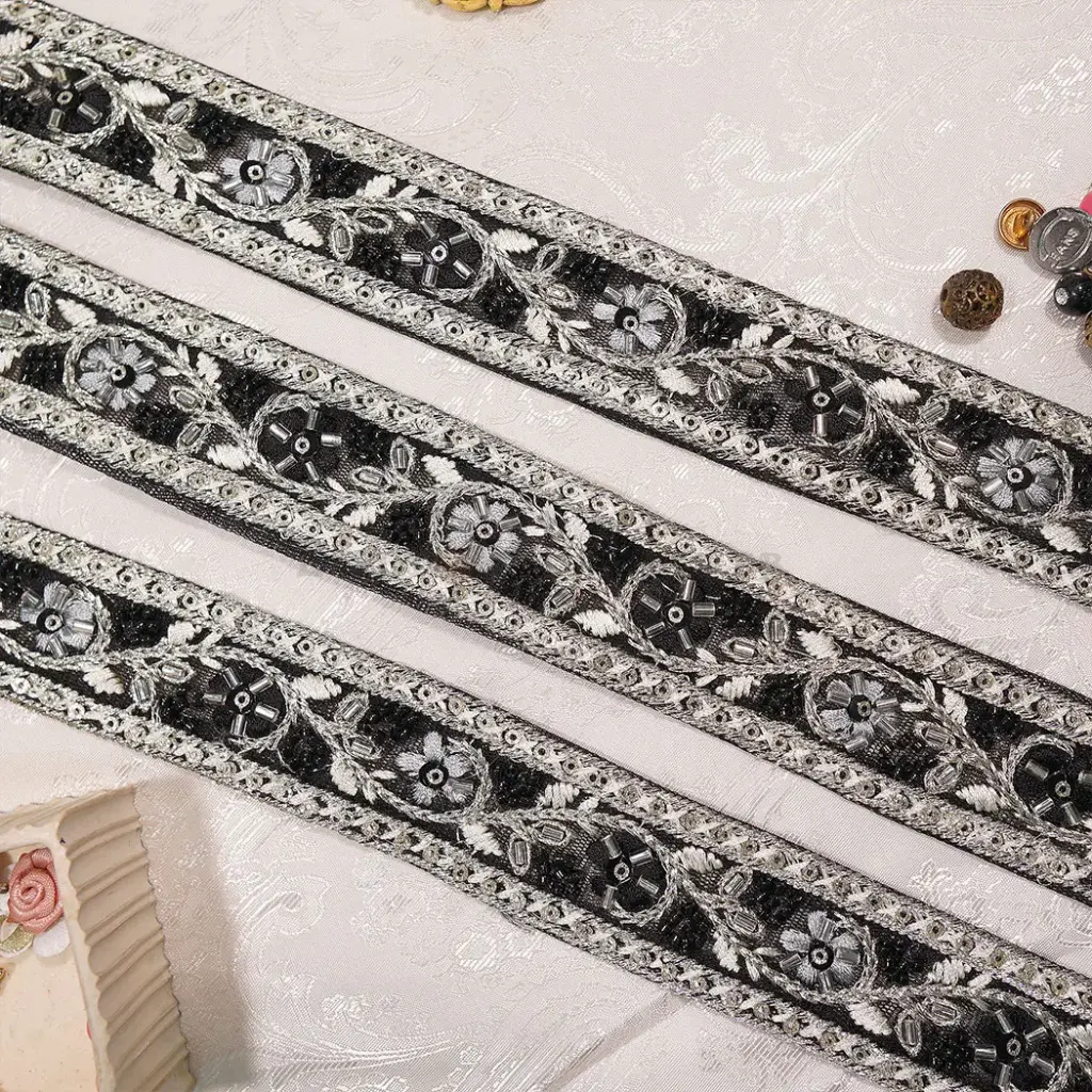 Metallic Yarn, Glass Beads, Sequence, Net Lace