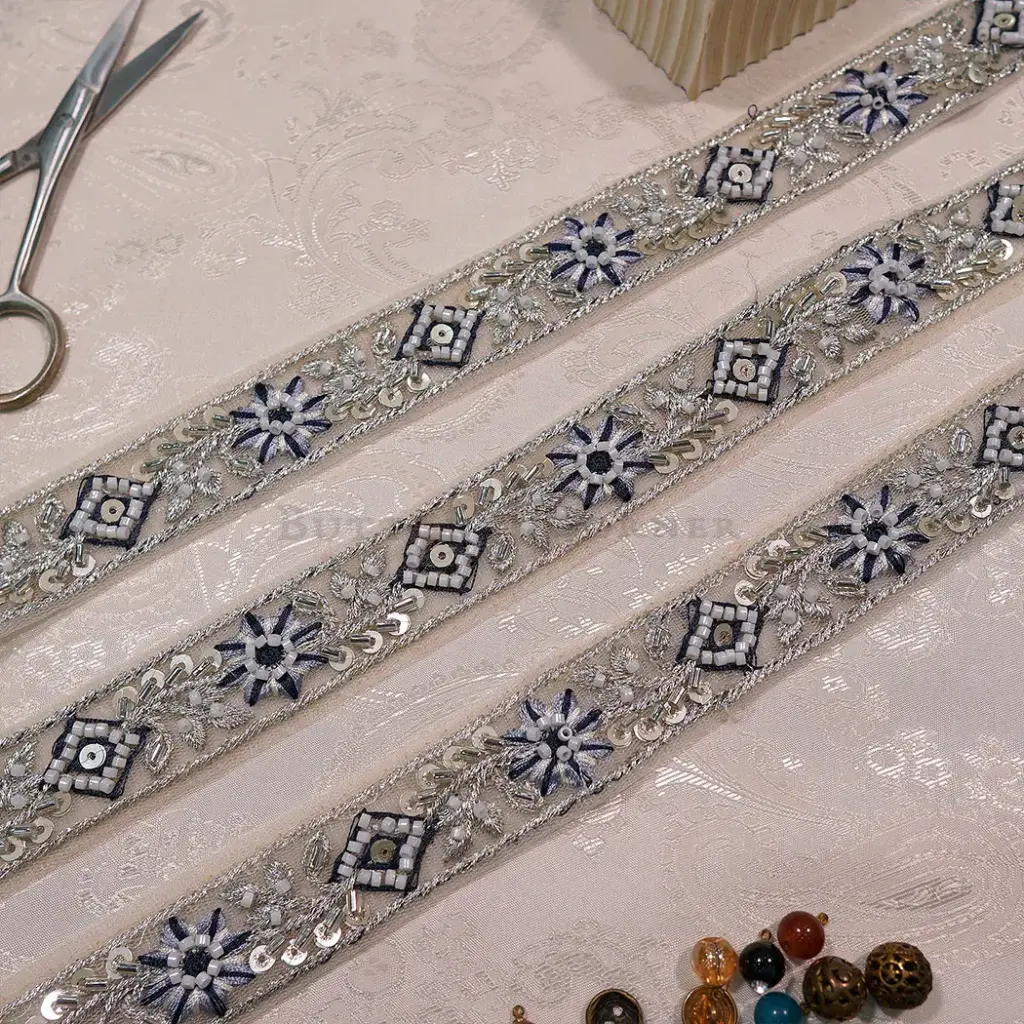 Metallic Yarn, Glass Beads, Sequence, Net Lace