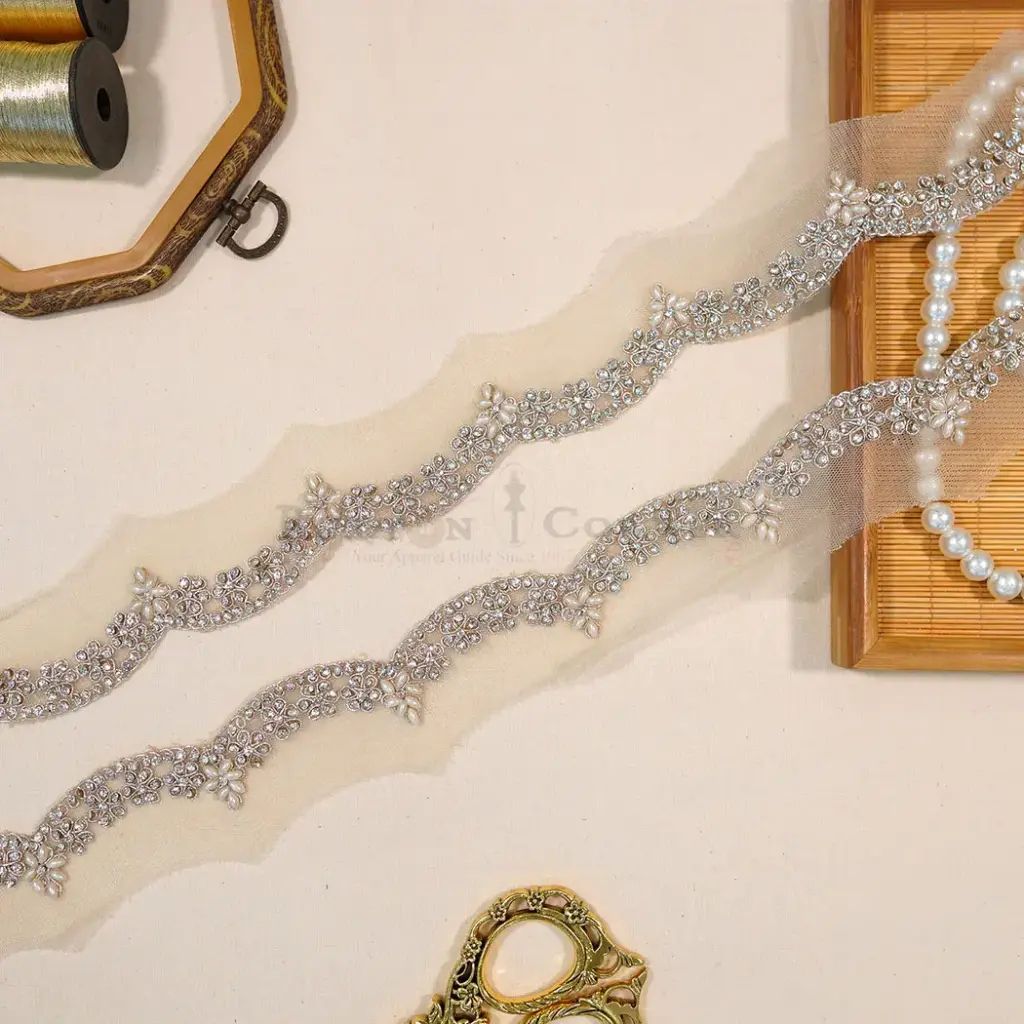 Metallic Yarn, Crystals, Pearl, Net Lace