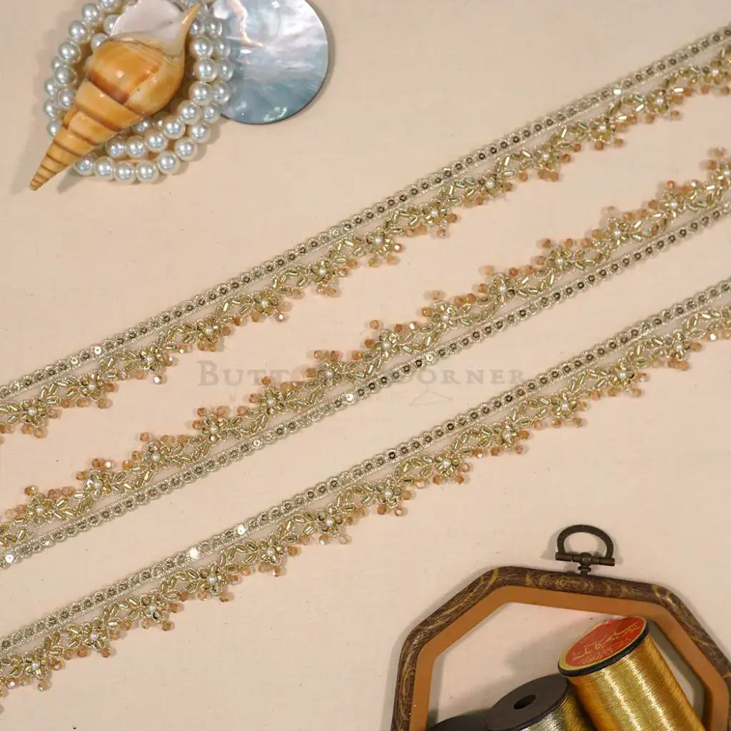 Metallic Yarn, Glass Beads, Pearl, Sequence Lace