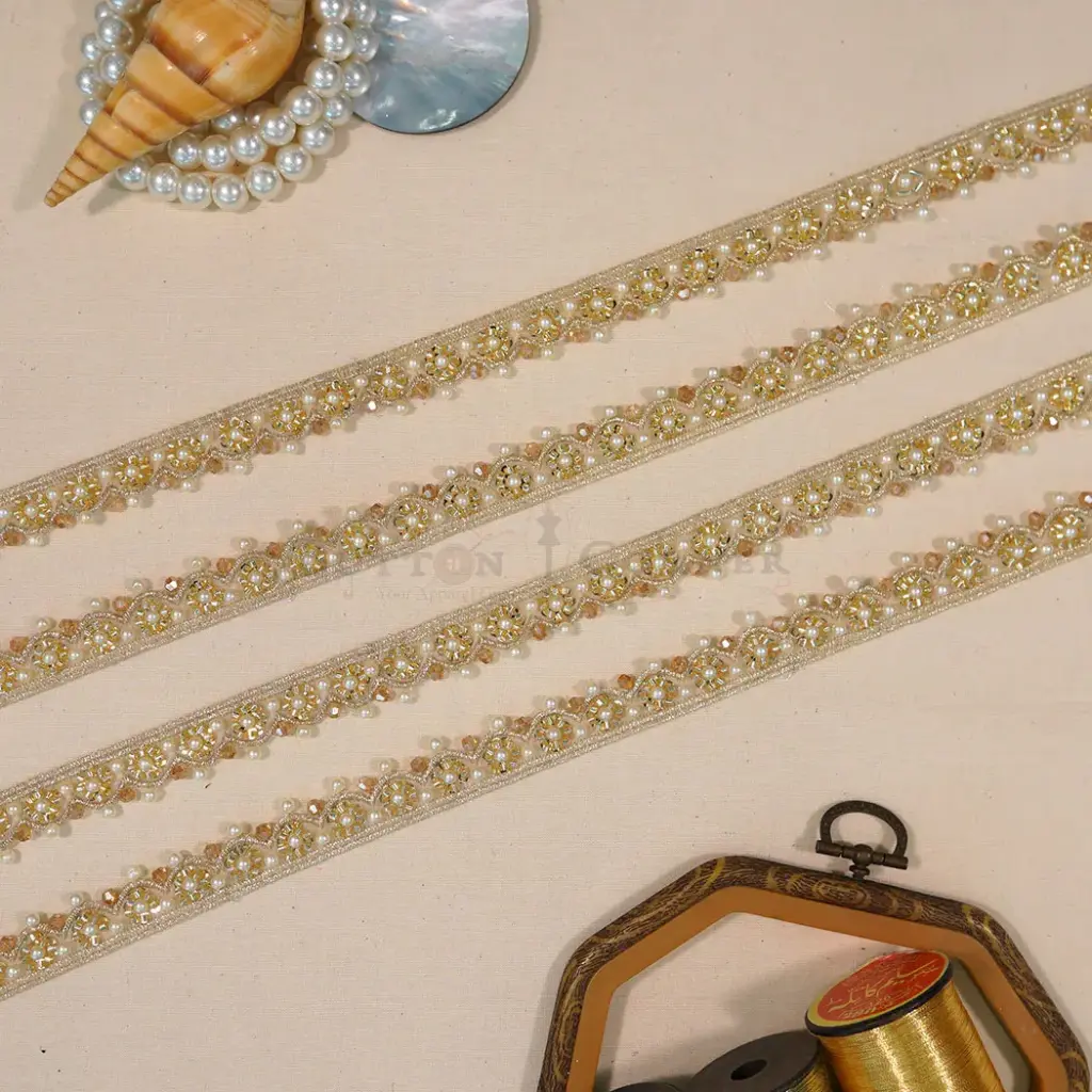 Metallic Yarn, Glass Beads, Pearl, Sequence Lace