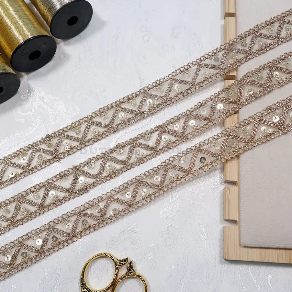 Wave Design Sequence Embellishment Fancy Metallic Yarn Lace