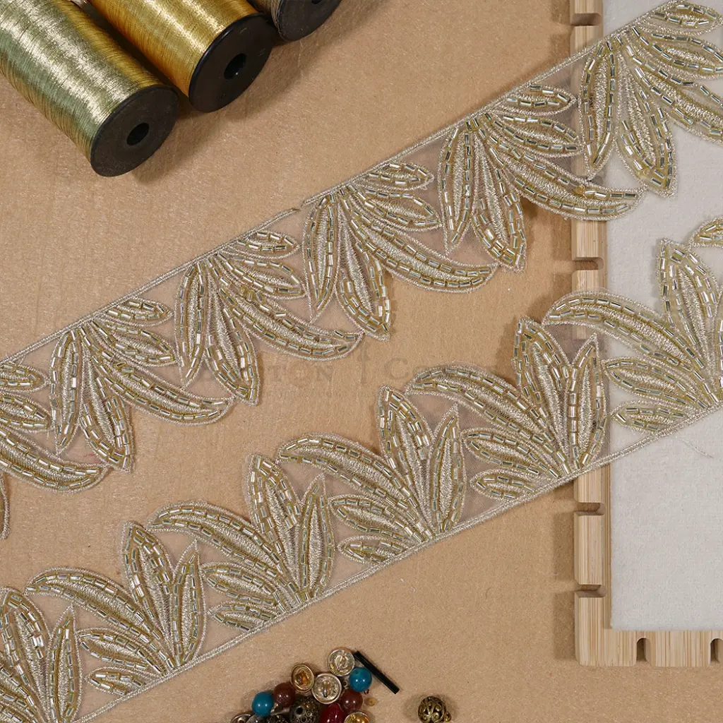 Metallic Yarn, Glass Beads, Net Lace