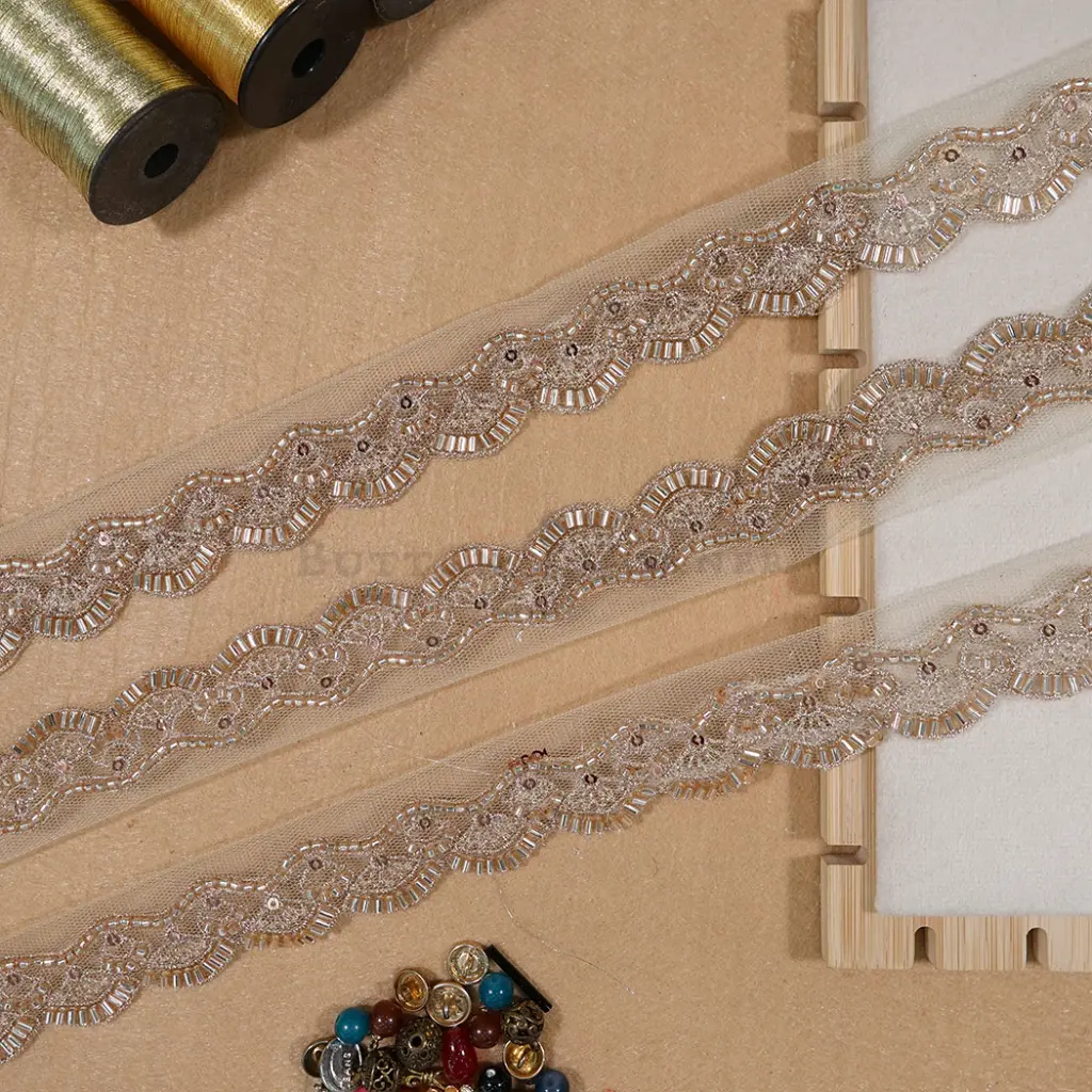 Metallic Yarn Glass Beads Sequence Net Lace