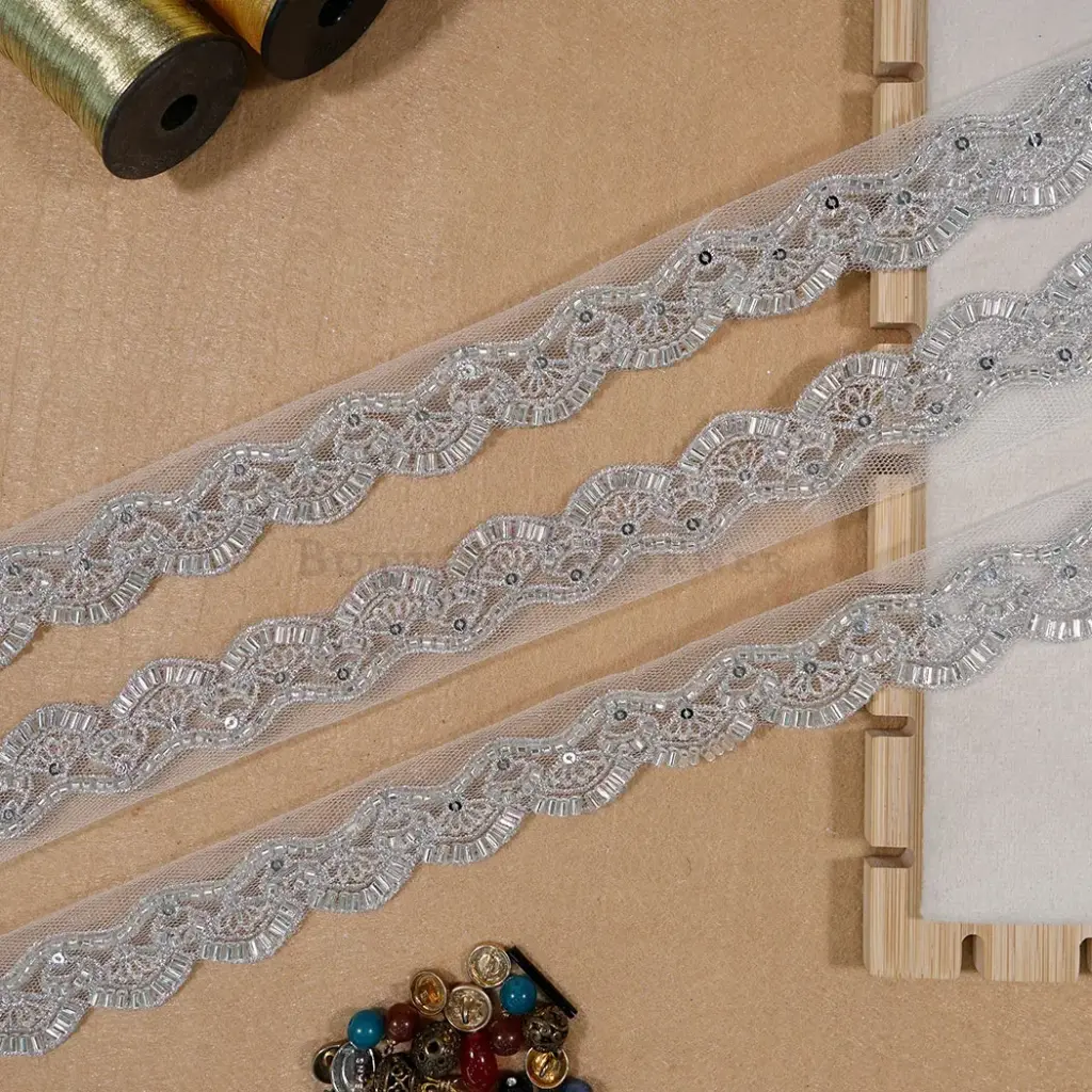 Metallic Yarn Glass Beads Sequence Net Lace