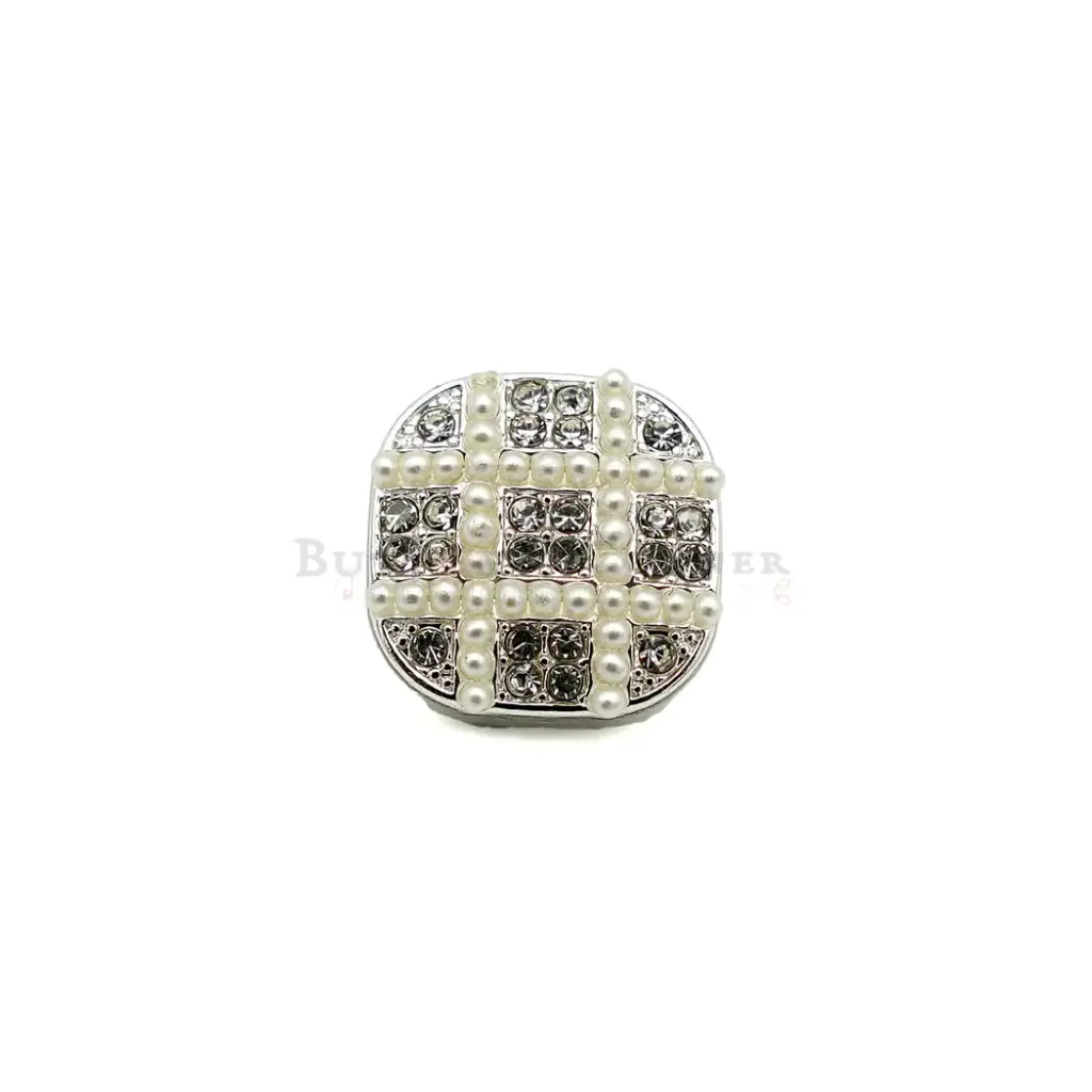 Square Rounded Corner Pearl & Rhinestone Grid Pattern, Fancy Button