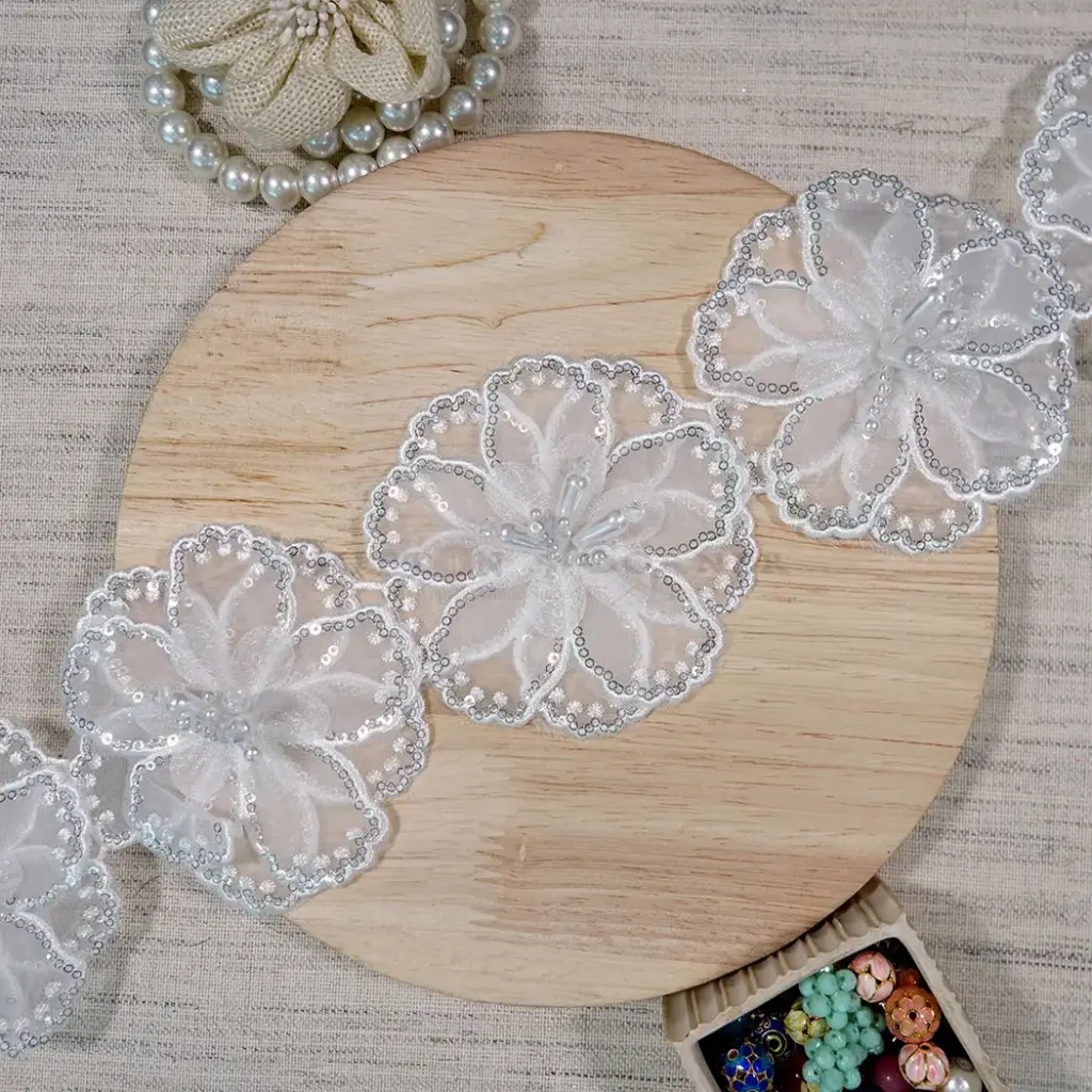 3D Floral Organza Patch Lace With Pearl & Sequence 