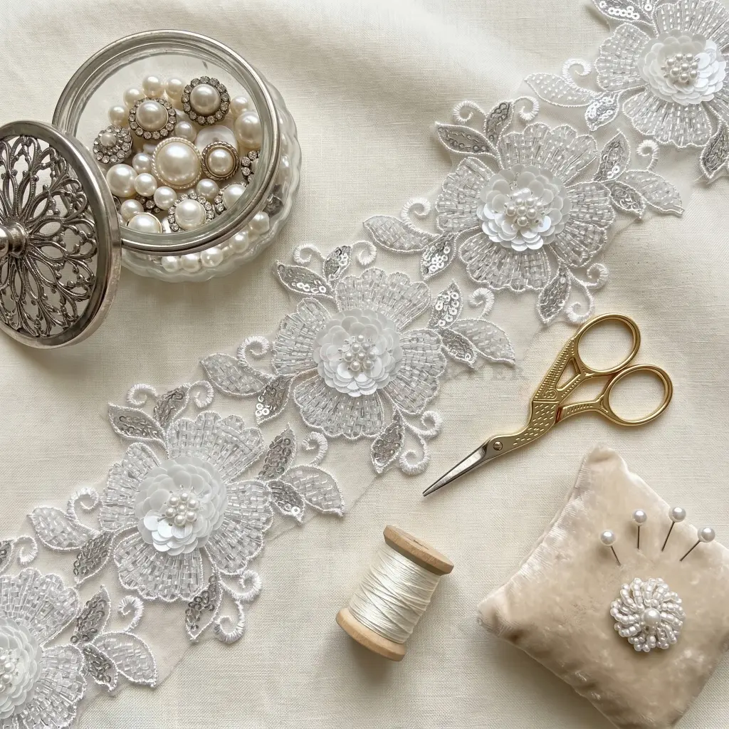 Embroidery Thread, Floral, Sequence & Pearl Beaded Lace