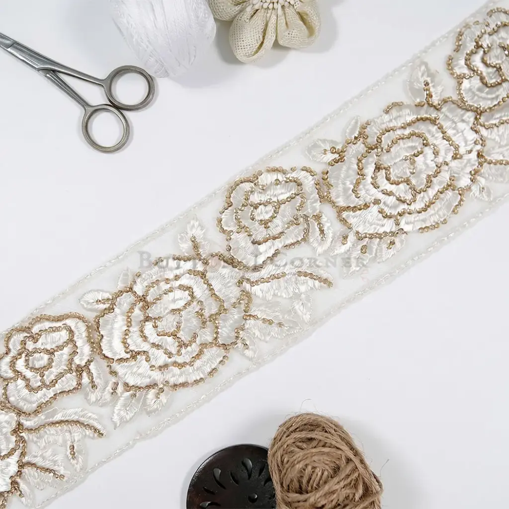 Embroidery Thread Gold Sequence Floral Pattern Net Lace 