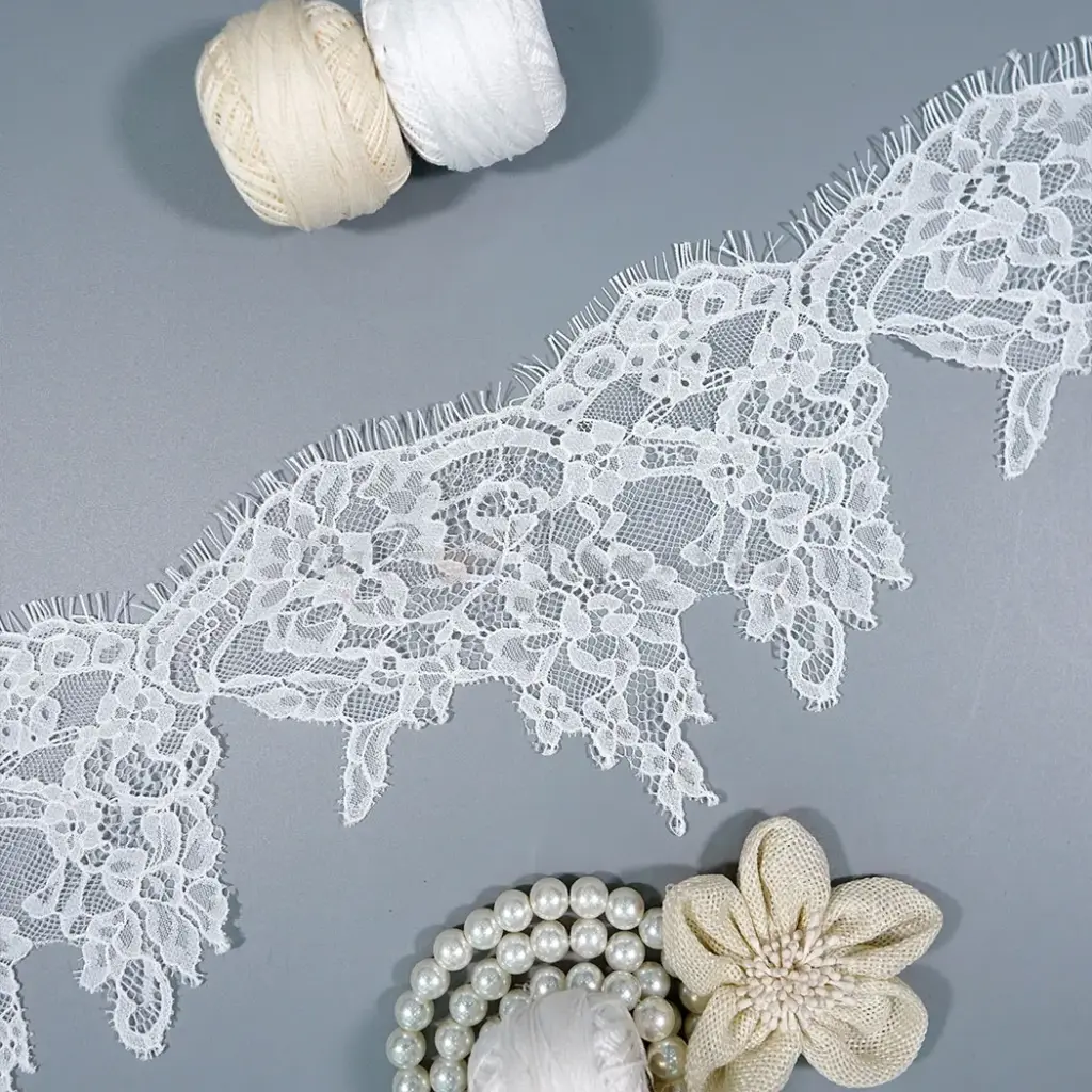 Floral Chantilly Lace Appliqué Trim with Scalloped Eyelash Fringe