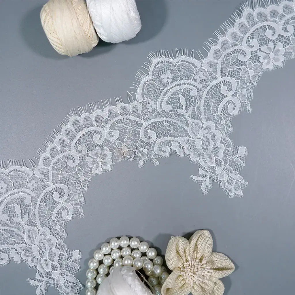 Floral Chantilly Lace Appliqué Trim with Scalloped Eyelash Fringe