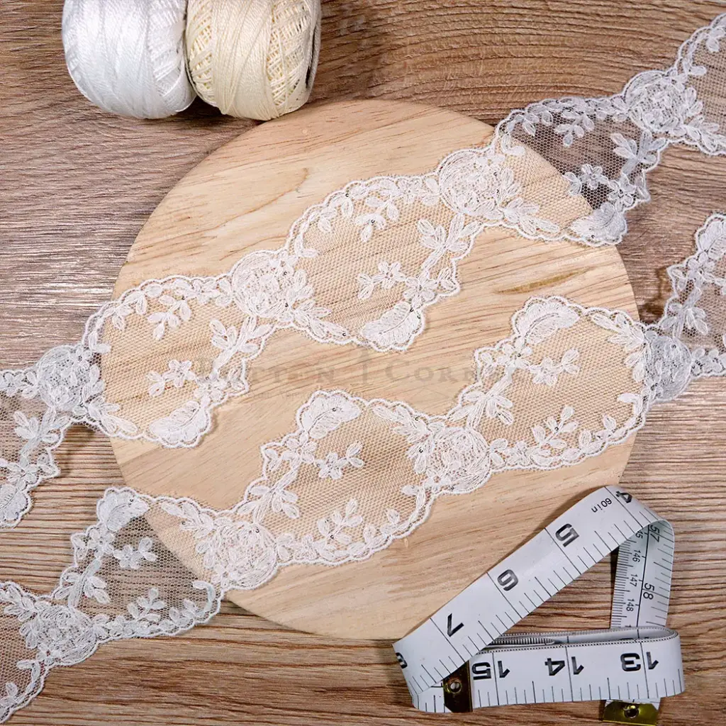 Corded Floral Pattern Embroidery Net Lace With Sequence Embellishment