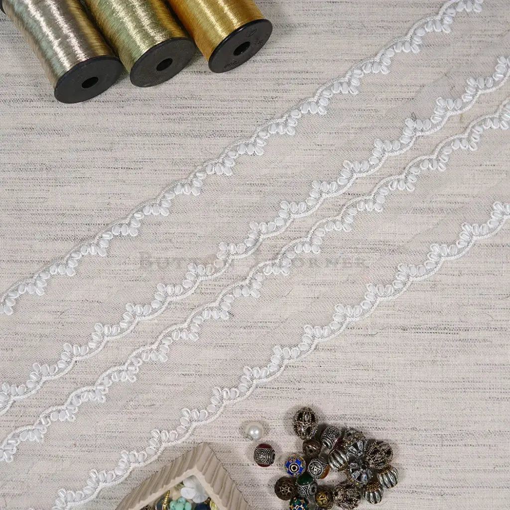 Wave Edge With Glass Beads Floral Pattern, Fancy Lace