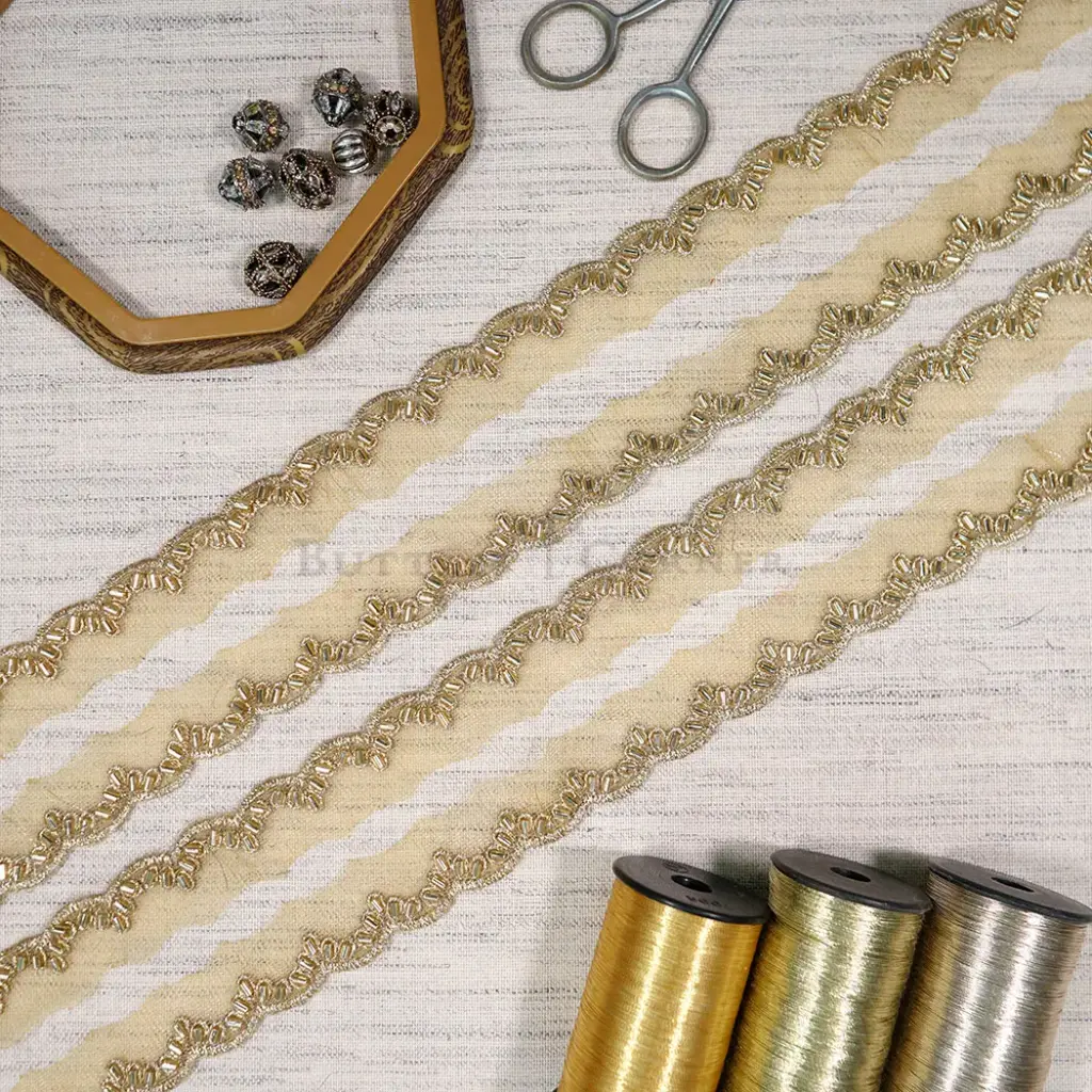 Wave Edge with Glass Beads Floral Pattern, Fancy Metallic Yarn Lace