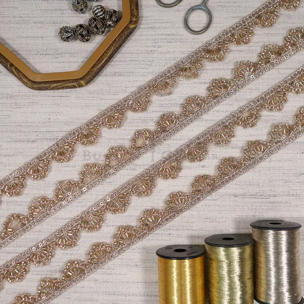 Fancy Metallic Yarn, Glass Beads, and Sequence Lace with Scallop Edge