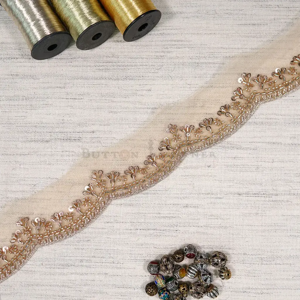 Decorative Floral Pattern Metallic Yarn, Glass Beads, and Sequence Lace 