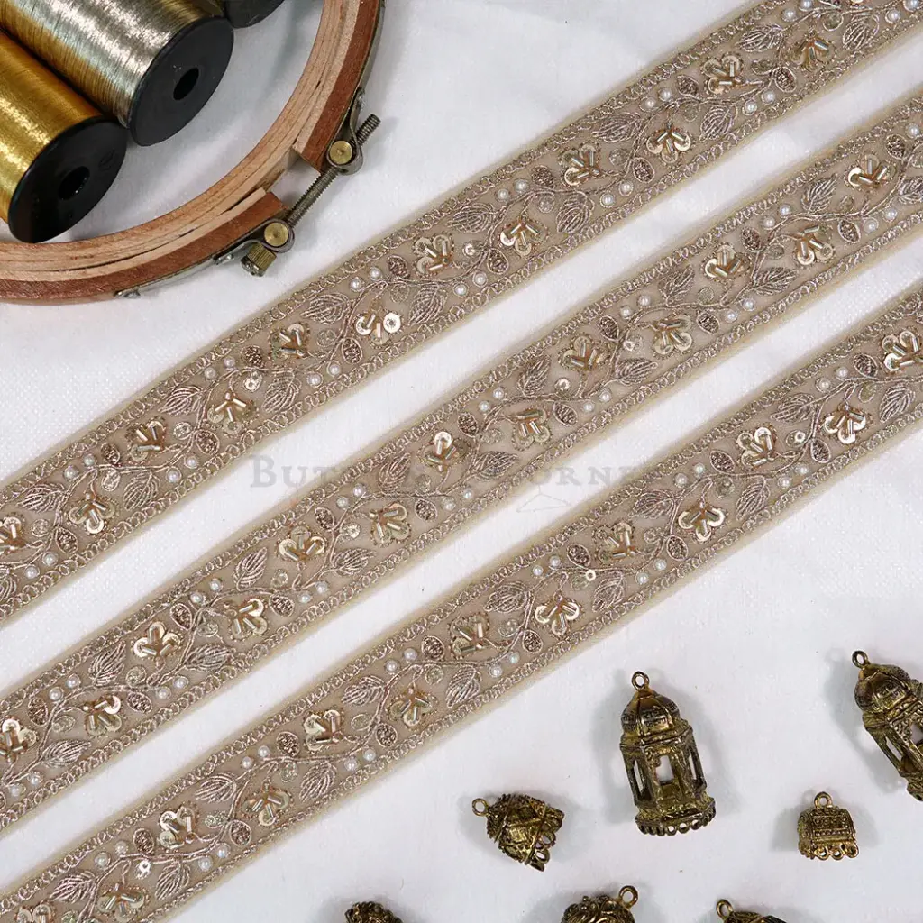 Glass Bead, Pearl & Sequence Fancy Metallic Yarn Lace with Continuous Leaf Pattern