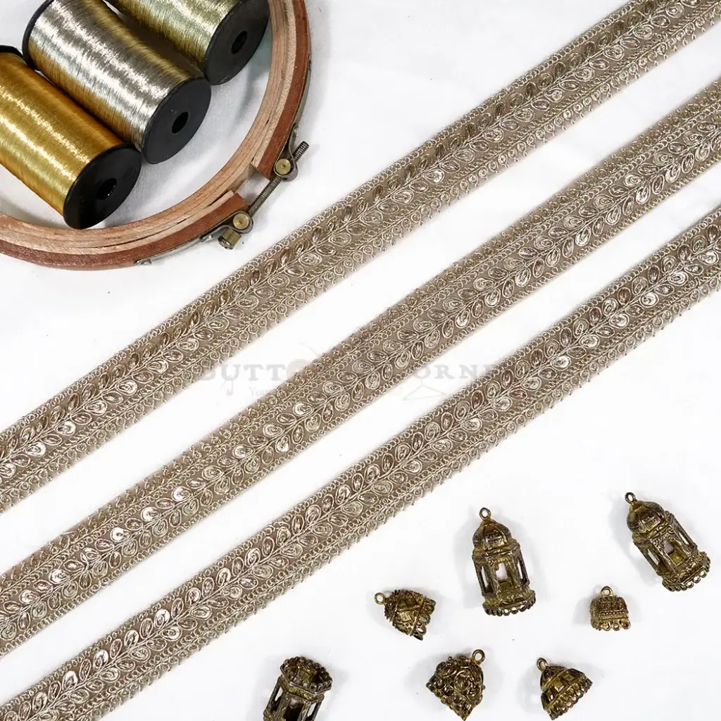 Fancy Metallic Yarn Sequence Lace with Leaf Pattern