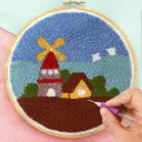 Scenic Windmill & Cottage Embroidery Punch Needle DIY Kit