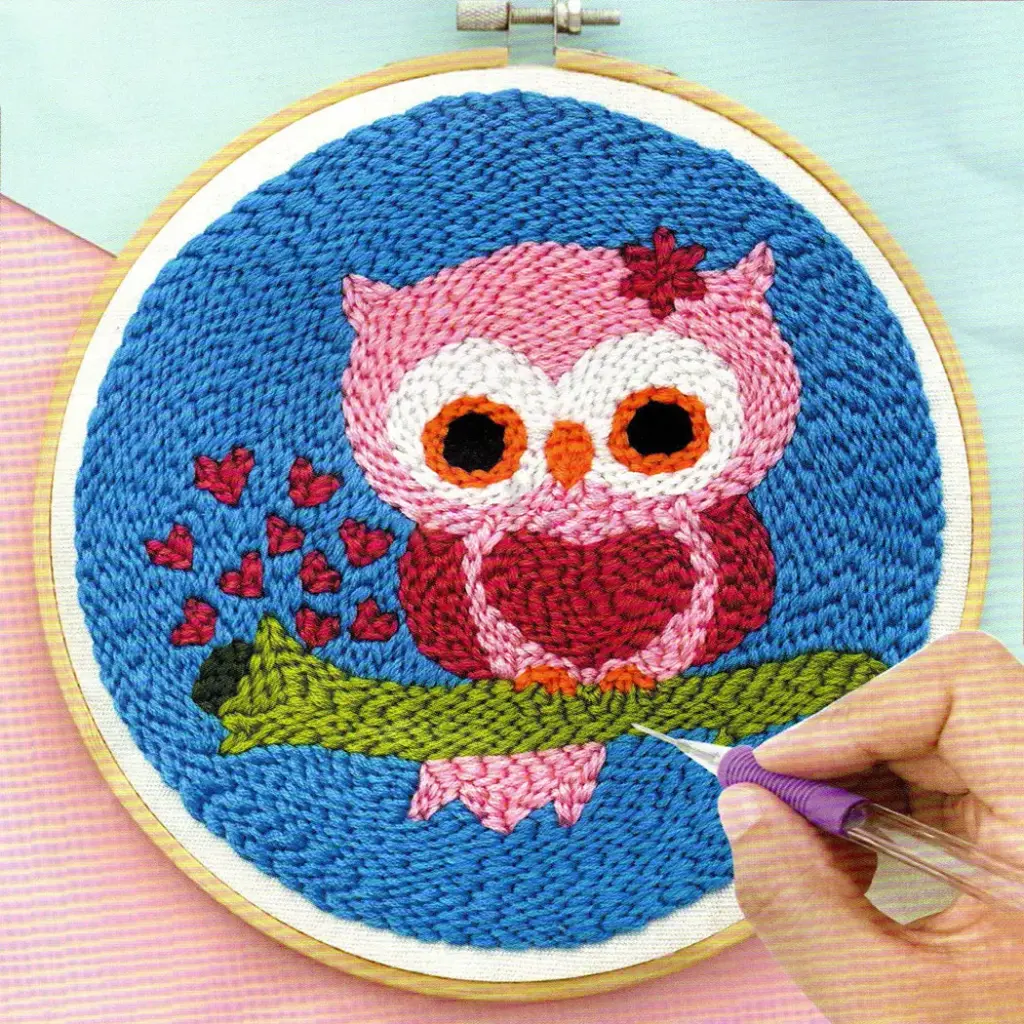 Cute Pink Owl Embroidery Punch Needle DIY Kit