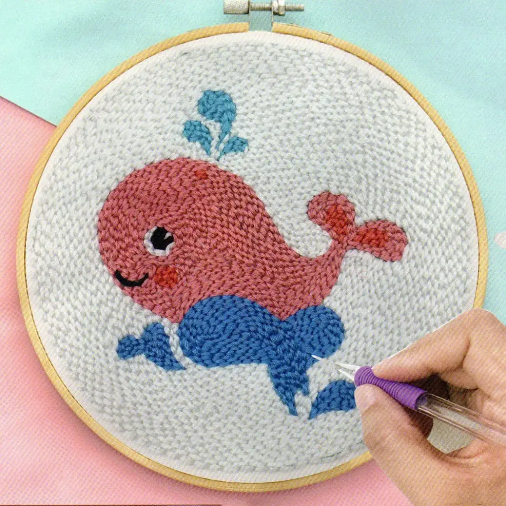 Pink Whale & Ocean Water Embroidery Punch Needle DIY Kit
