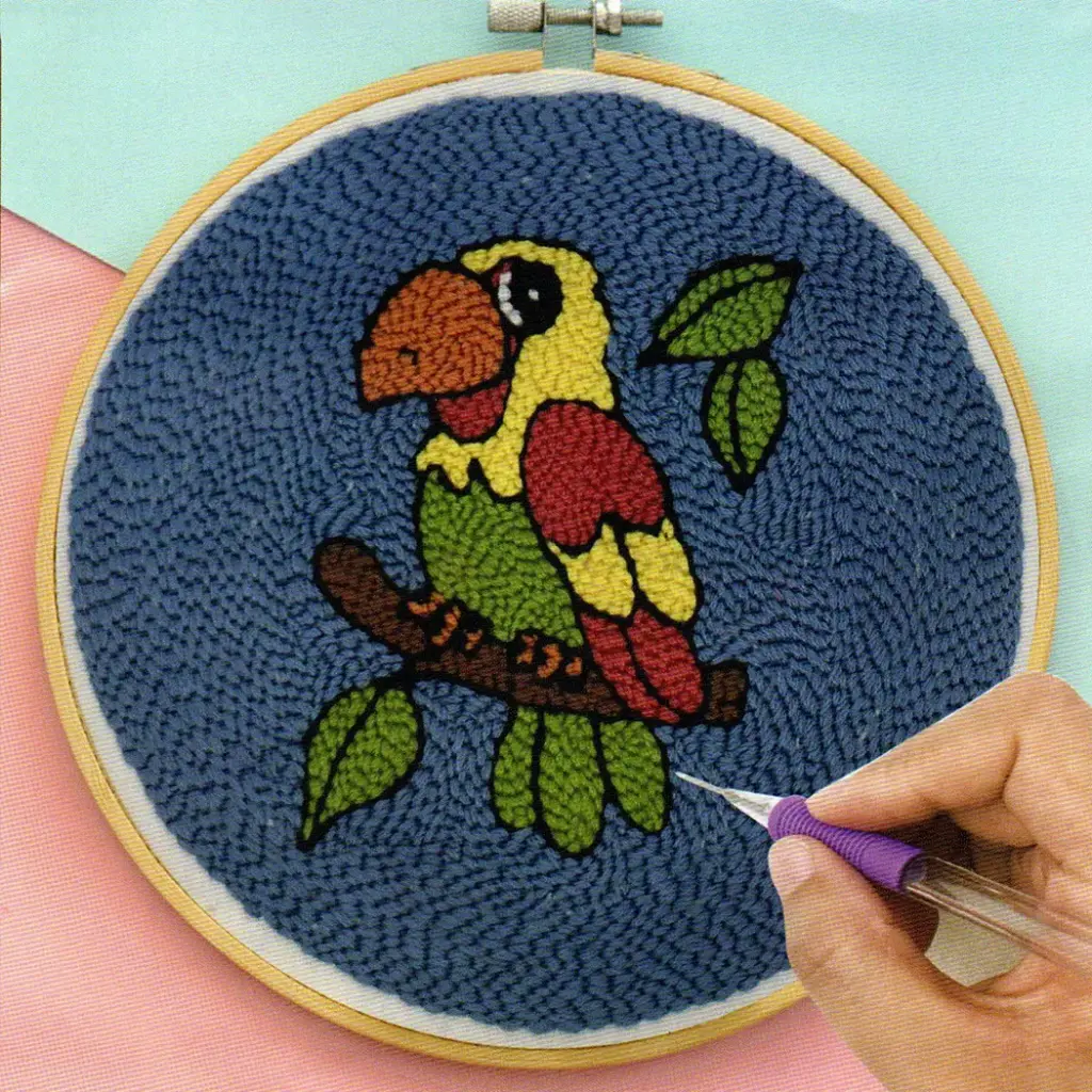 Parrot on Tree Branch with Leaves Embroidery Punch Needle DIY Kit