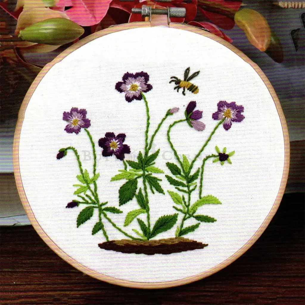 Purple Violet Flower & Bee Hand Embroidery Kit