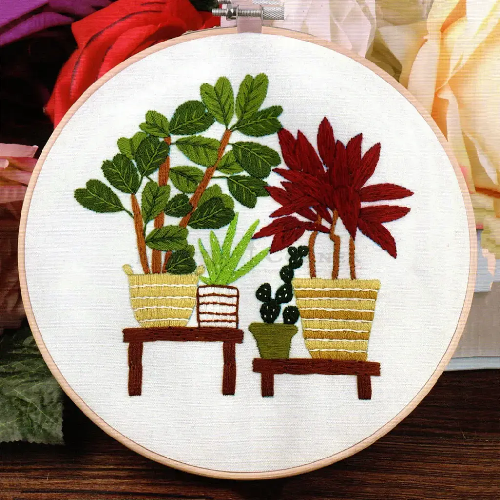 Potted Houseplant & Red Foliage Embroidery Kit