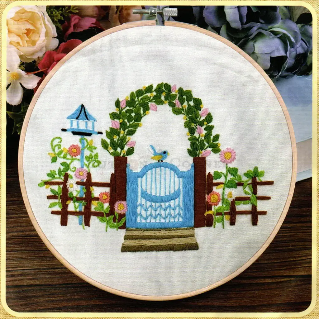 Blue Garden Gate & Floral Arch Design Embroidery Kit