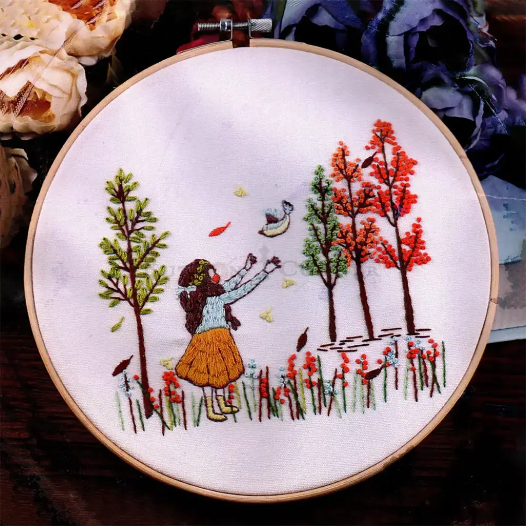 Autumn Forest Girl & Bird Embroidery Kit