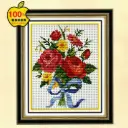 Flower Bouquet with Blue Bow Embroidery Cross Stitch Kit