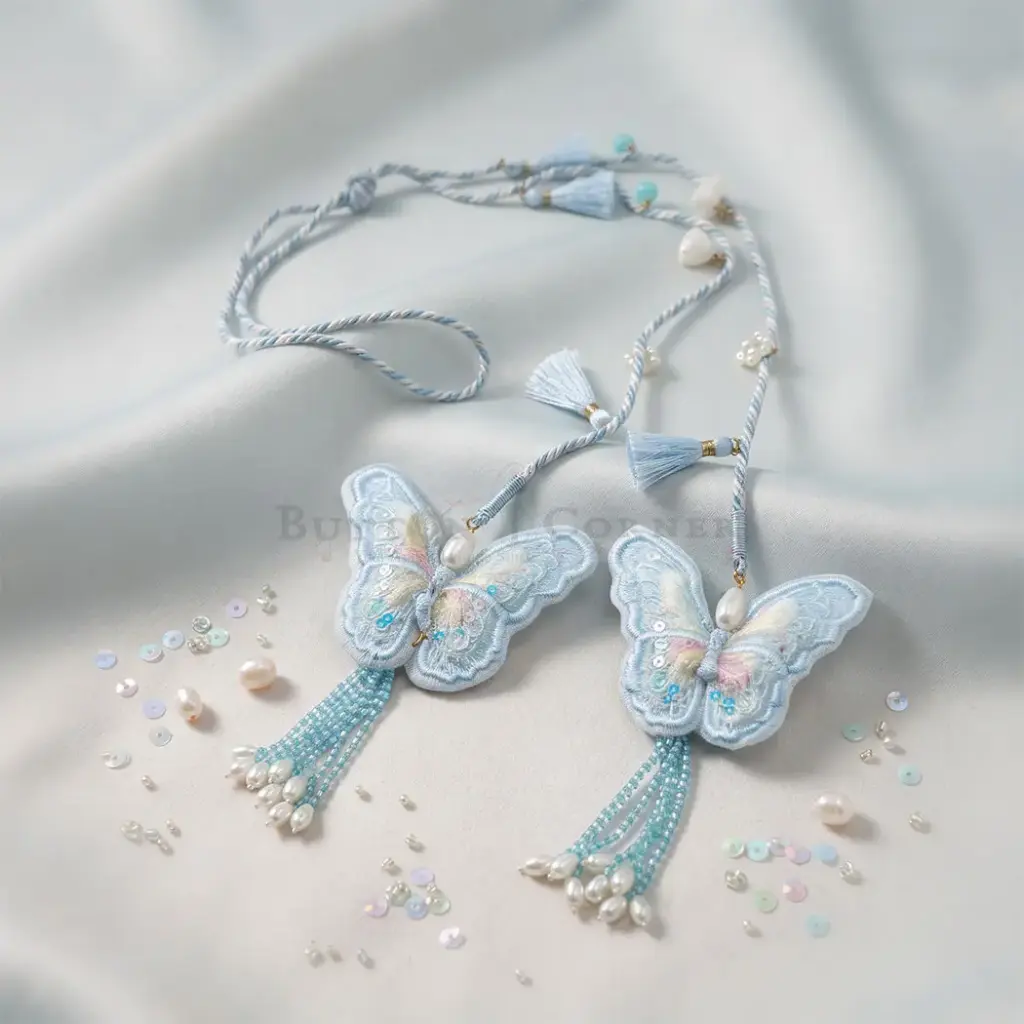 Sequenced Organza Butterfly Embroidered Tassel Cord with Hanging Beads