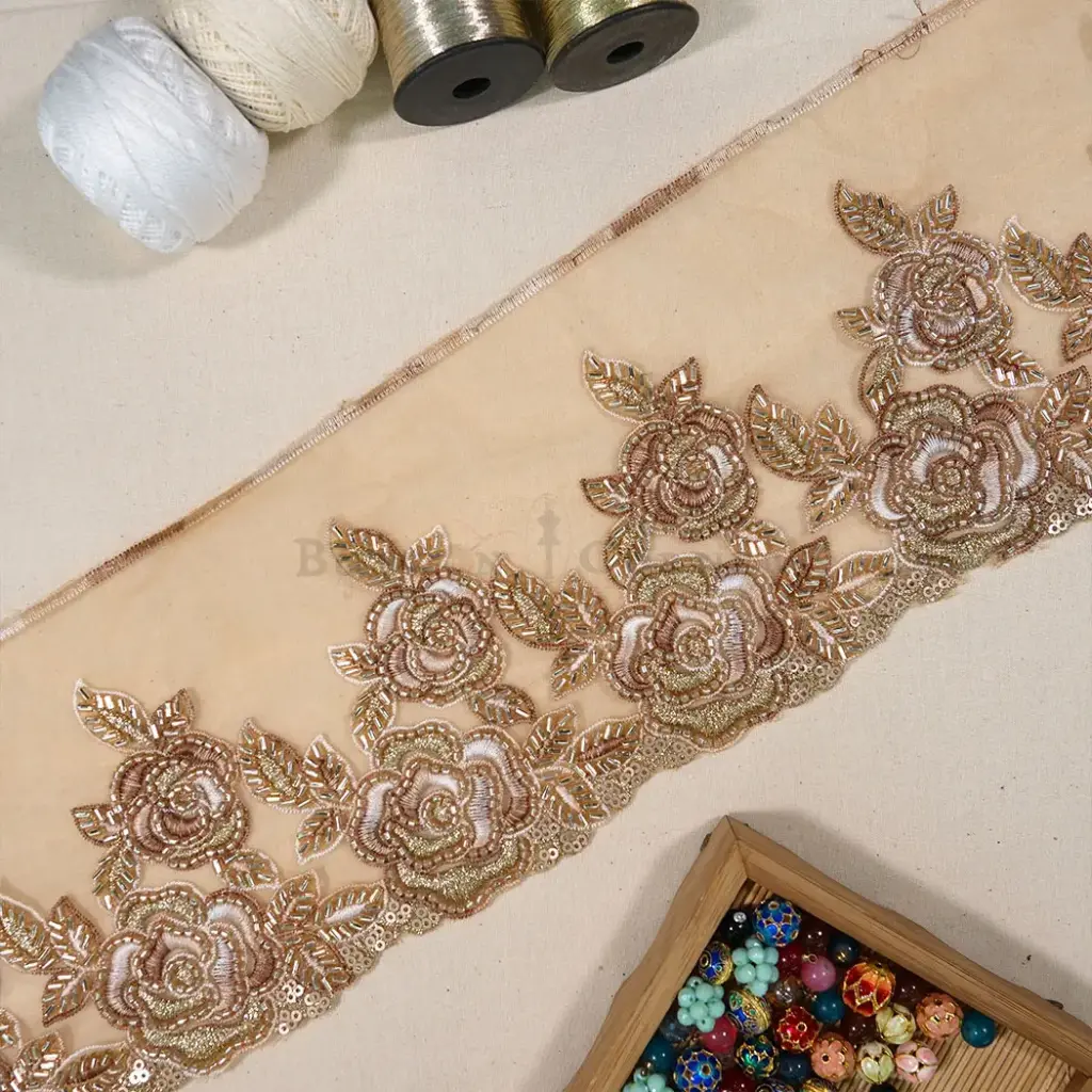 Blooming Flower Pattern Embroidery Thread Fancy Glass Bead & Sequence Lace