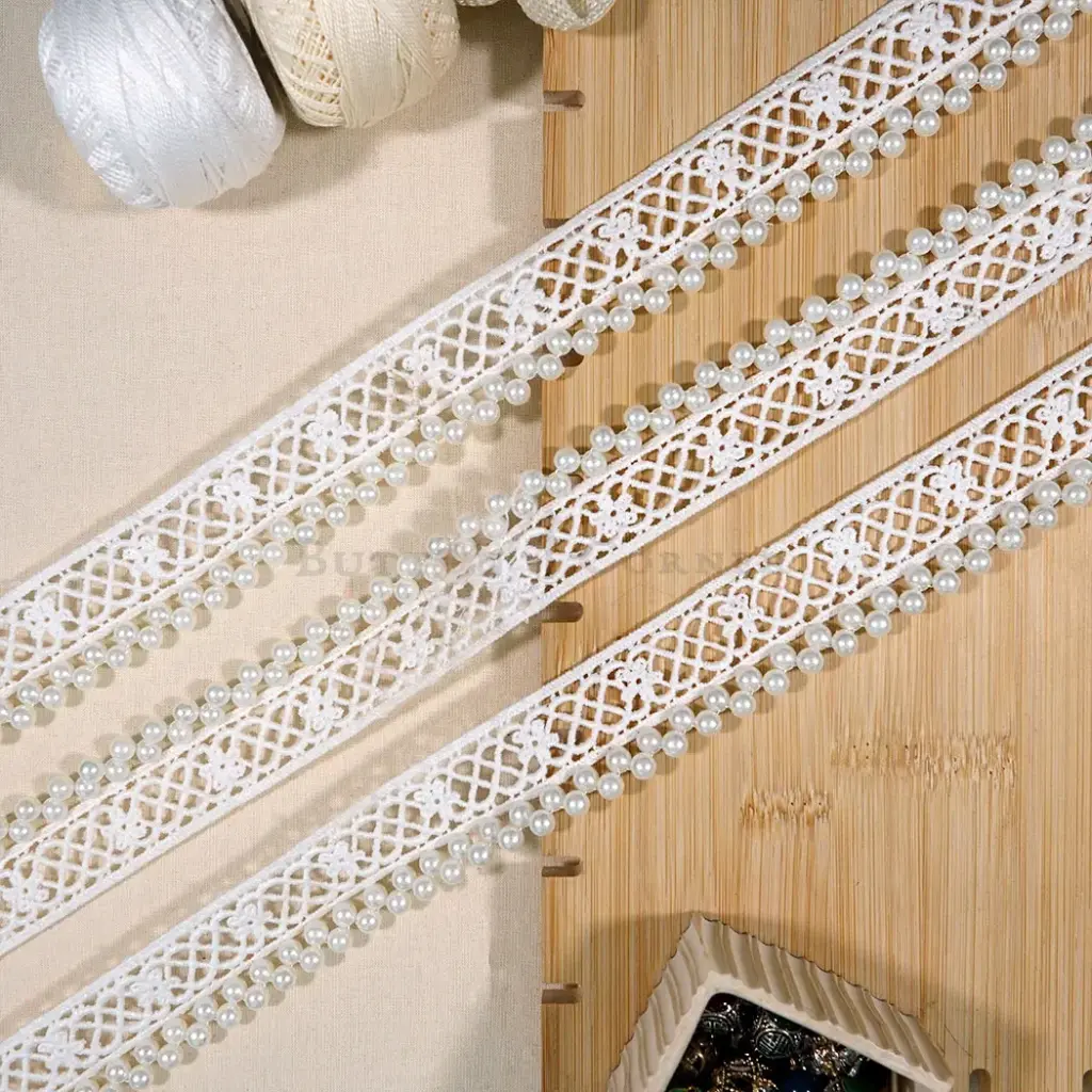 Double Side Border Shuttle Lace with Hanging Pearl Accent