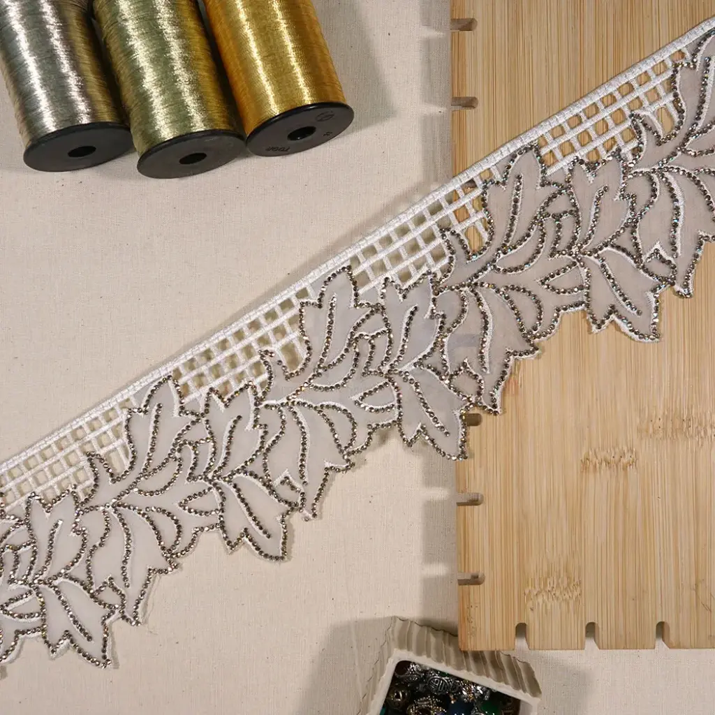 Geometric Floral Design Organza Lace with Stone Accents