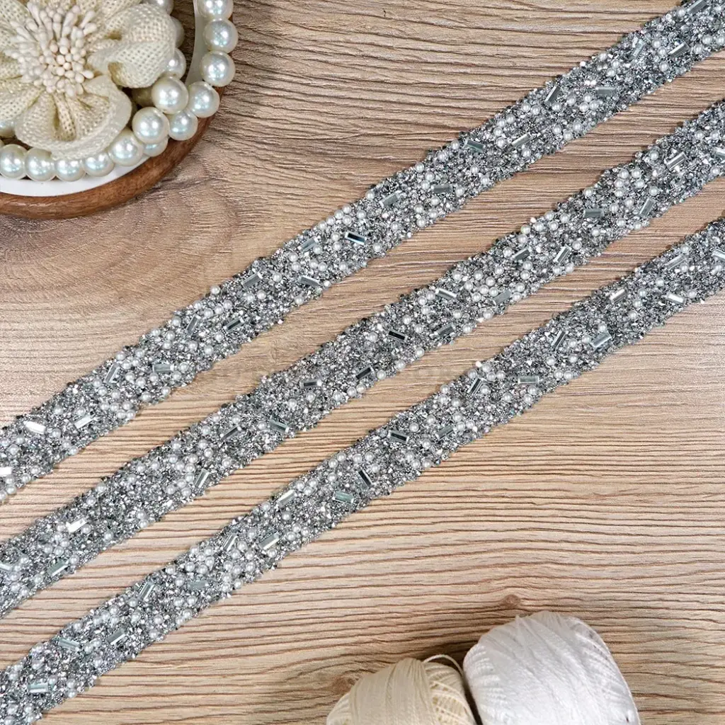 Sparkling Glass Bead & Rhinestone with Pearl Accents Stick-on Lace
