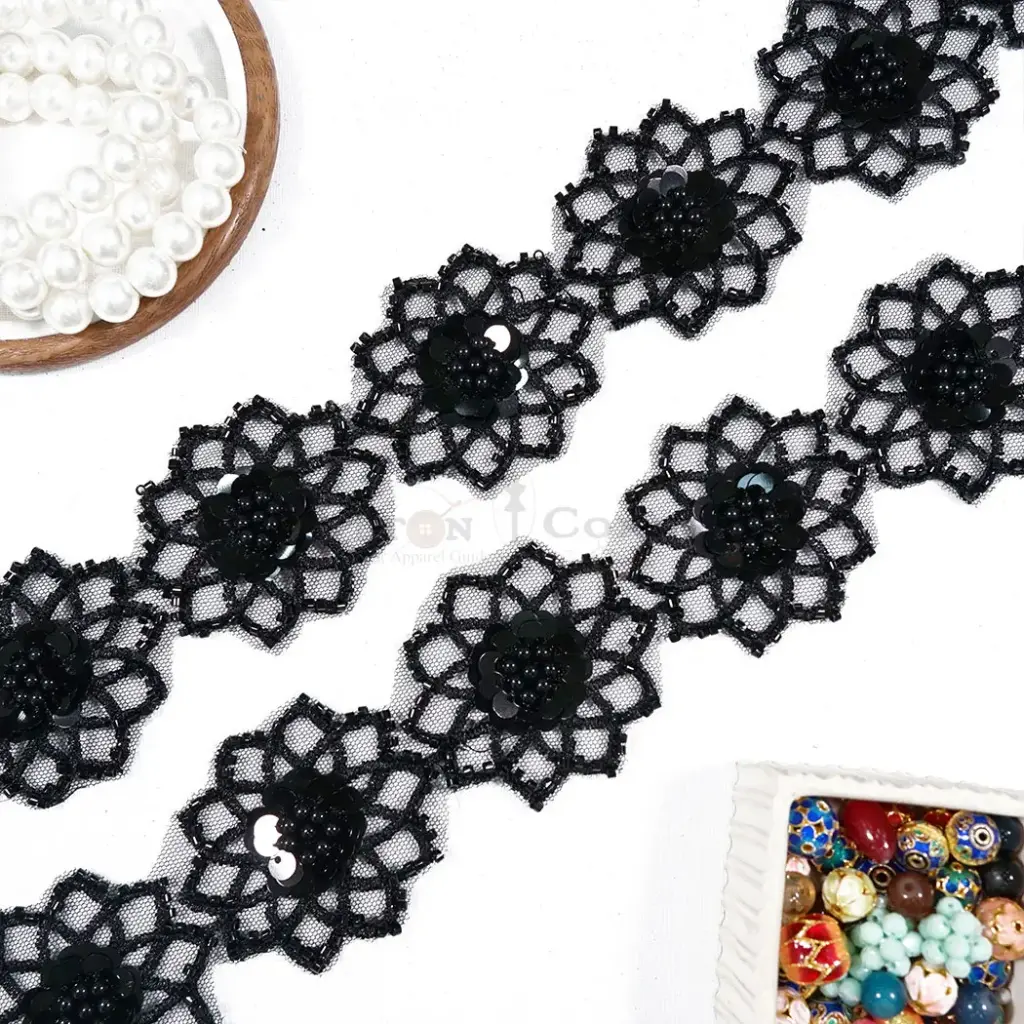 Glass Bead Edge Blooming Flower Lace with Centre Sequence & Pearl Embellishment