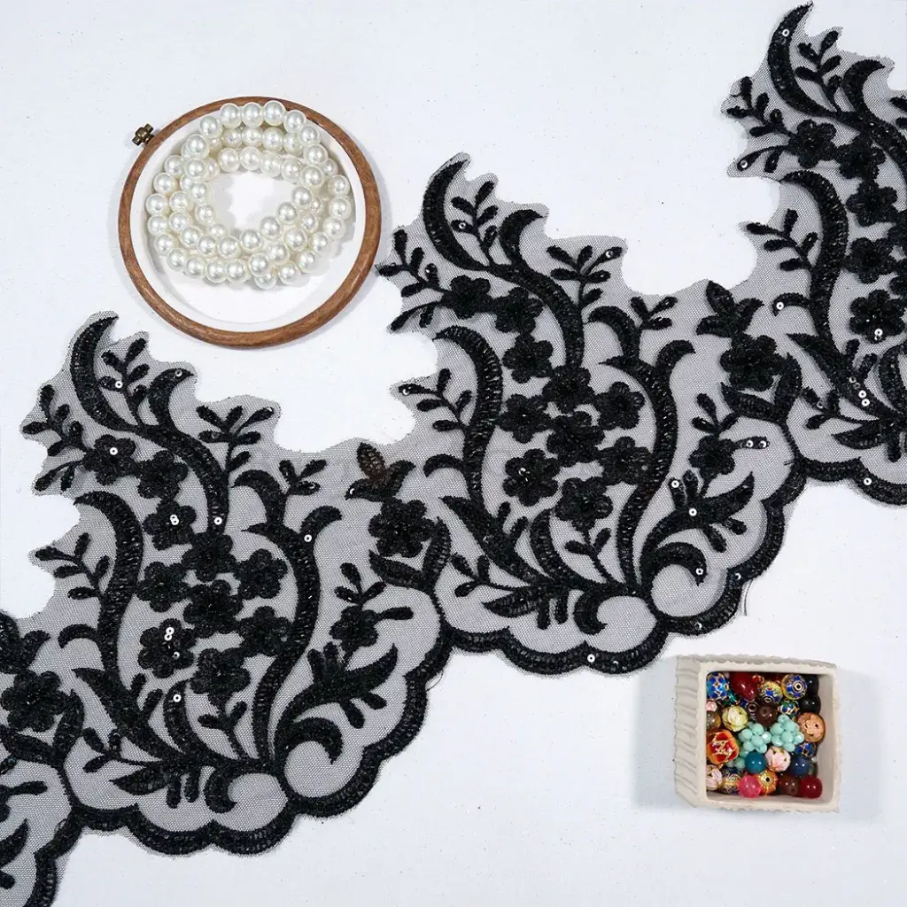 Decorative Flowers & Leaves with Glass Bead Embellishment Fancy Lace