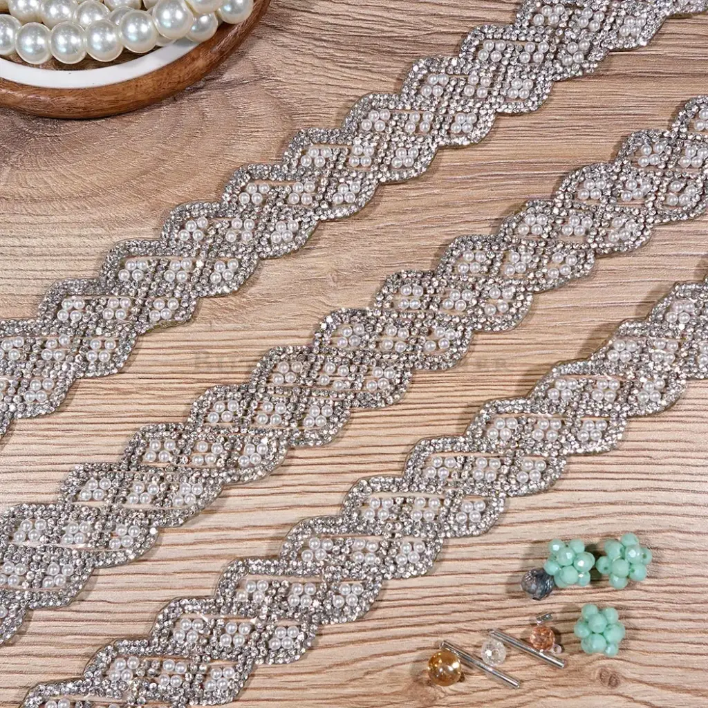 Wave Edges with Decorative Pearl & Stone Embellished Centre Stick-on Lace
