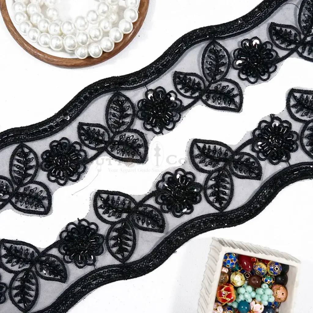 Decorative Glass Bead & Sequence Edge with Flower & Leaf Pattern Fancy Lace